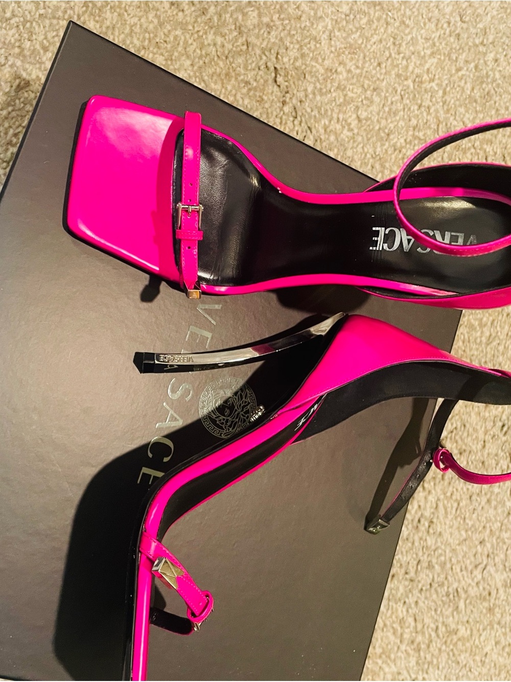 Versace Hot Pink Strappy Square-Toe Heeled Sandals - Picture 6 of 6